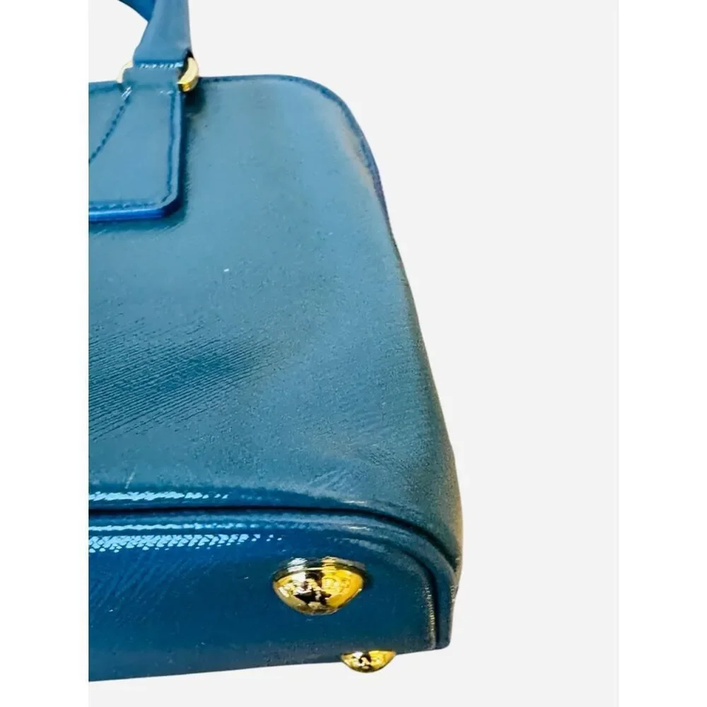 Prada Azzuro Saffiano Vernice Leather Bowler Double-Top Handle Lux Promenade Bag